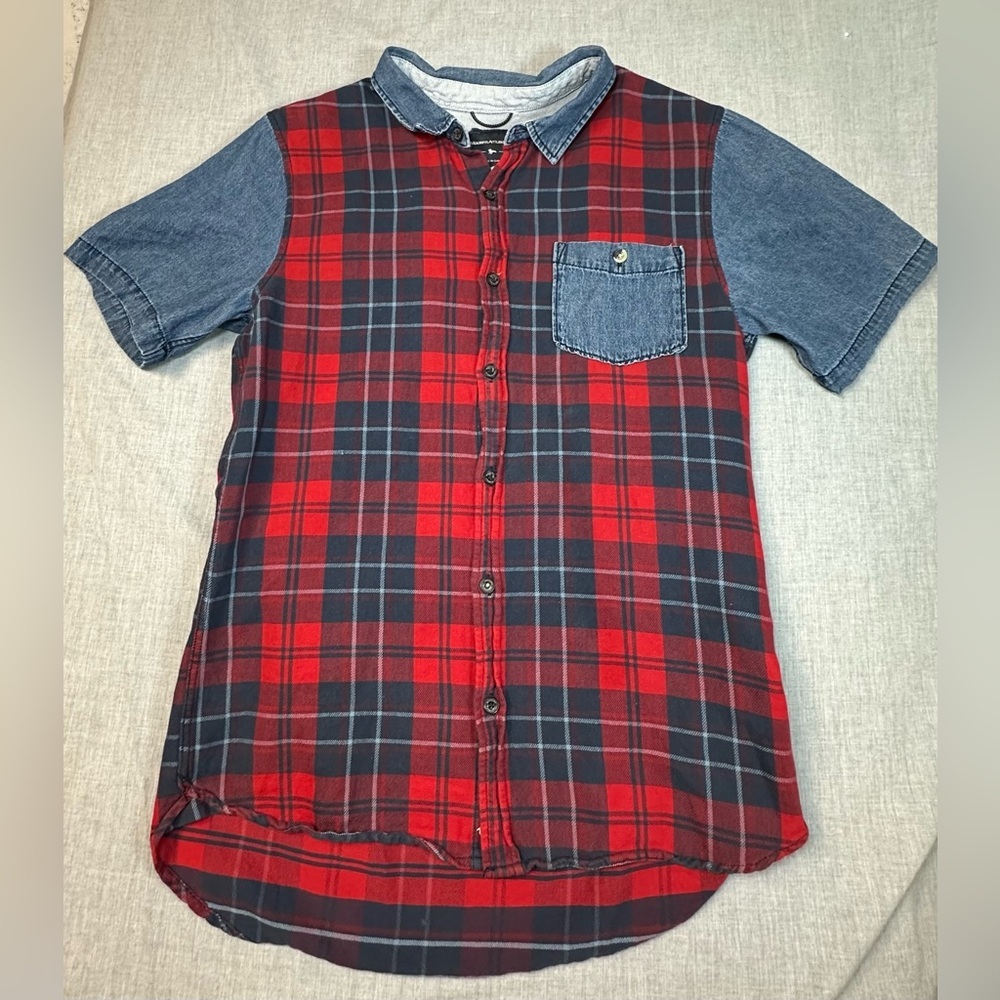 Modern Amusement Jean Red and Blue plaid button up Shirt